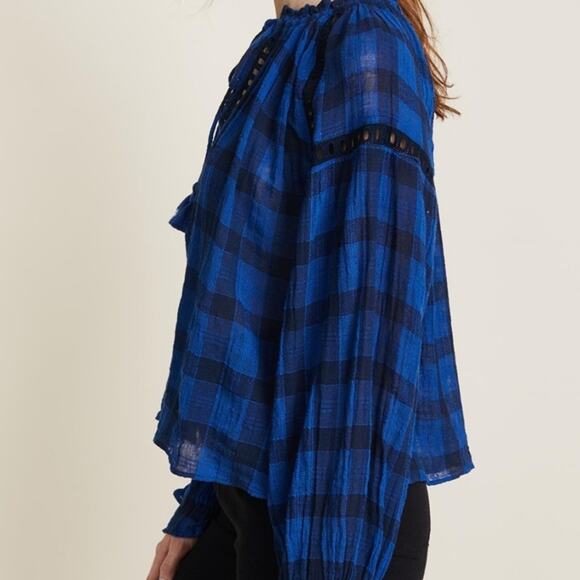 Free People Honey Grove Plaid Top in Black Blue - Picture 4 of 10
